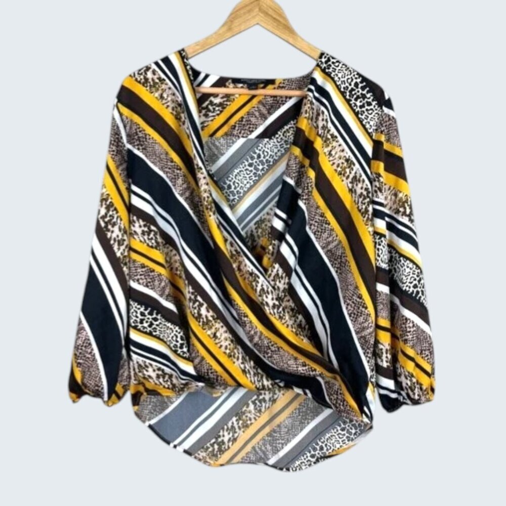 MARC NEW YORK ASYMMETRIC STRIPE FAUX WRAP SURPLICE BLOUSE